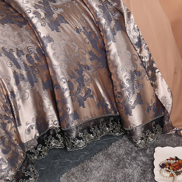 Luxury Silver Brown Satin Jacquard Cotton Lace European Duvet Cover Bedding Set